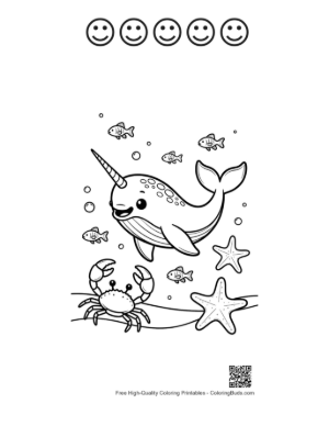 Thumbnail: Cute Narwhal Swimming with Ocean Friends Printable and 5 Happy Face Outline