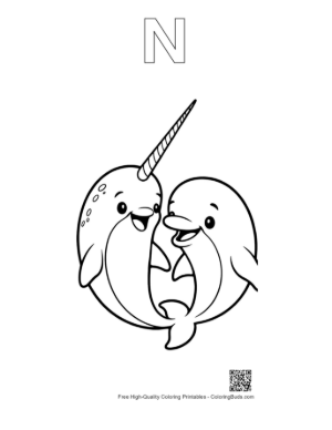 Thumbnail: Happy Narwhal Pair Hugging Printable Outline Alphabet N