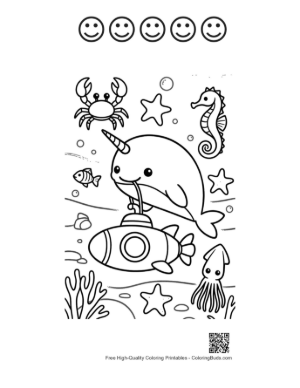 Thumbnail: Happy Narwhal Waving from a Submarine Printable and 5 Happy Face Outline