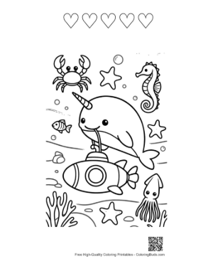 Thumbnail: Happy Narwhal Waving from a Submarine Printable and 5 Heart Outline