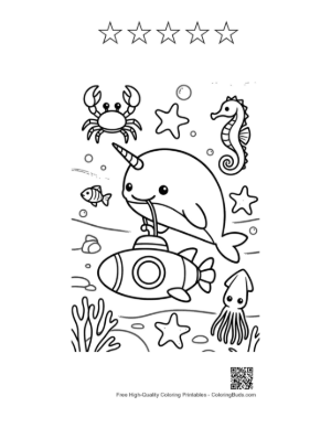 Thumbnail: Happy Narwhal Waving from a Submarine Printable and 5 Star Outline