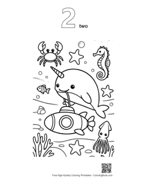 Thumbnail: Happy Narwhal Waving from a Submarine Printable Outline Number 2