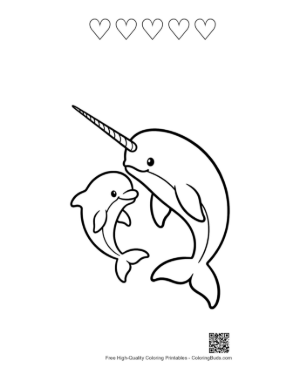 Thumbnail: Narwhal and Dolphin Embrace Printable and 5 Heart Outline