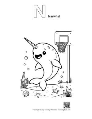 Thumbnail: Narwhal Basketball Star Scoring a Goal Printable Outline Alphabet N Narwhal