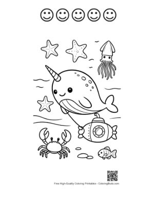 Thumbnail: Narwhal Discovering a Yellow Submarine Printable and 5 Happy Face Outline