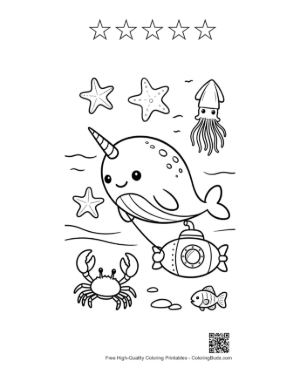 Thumbnail: Narwhal Discovering a Yellow Submarine Printable and 5 Star Outline