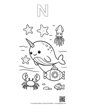 Thumbnail: Narwhal Discovering a Yellow Submarine Printable Outline Alphabet N