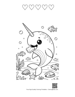 Thumbnail: Narwhal Enjoying a Tasty Cupcake Snack Printable and 5 Heart Outline