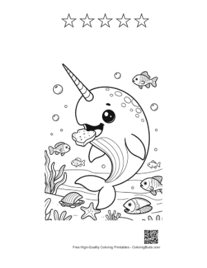 Thumbnail: Narwhal Enjoying a Tasty Cupcake Snack Printable and 5 Star Outline