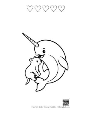 Thumbnail: Narwhal Hugging Cute Otter Baby Printable and 5 Heart Outline
