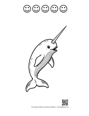 Thumbnail: Playful Cartoon Narwhal Leaping Joyfully Printable and 5 Happy Face Outline