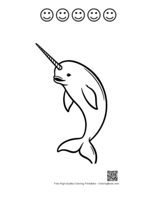 Thumbnail: Playful Cartoon Narwhal Leaping Joyfully Printable and 5 Happy Face Outline