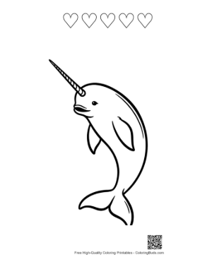 Thumbnail: Playful Cartoon Narwhal Leaping Joyfully Printable and 5 Heart Outline