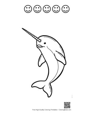 Thumbnail: Playful Cartoon Narwhal Leaping Upward Printable and 5 Happy Face Outline
