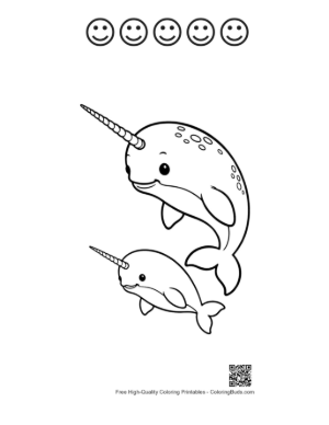 Thumbnail: Playful Mom Narwhal and Baby Leaping Joyfully Printable and 5 Happy Face Outline
