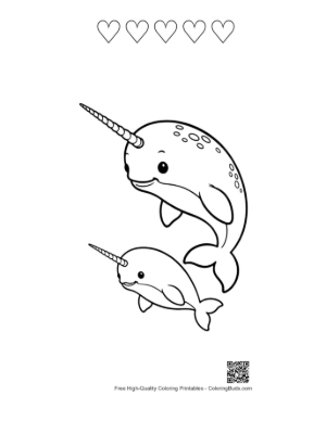 Thumbnail: Playful Mom Narwhal and Baby Leaping Joyfully Printable and 5 Heart Outline