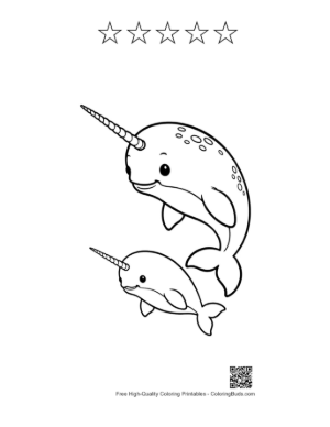 Thumbnail: Playful Mom Narwhal and Baby Leaping Joyfully Printable and 5 Star Outline