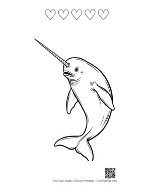Thumbnail: Playful Narwhal Leaping with Tusk Printable and 5 Heart Outline
