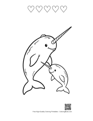 Thumbnail: Playful Narwhal Mom and Baby Outline Printable and 5 Heart Outline