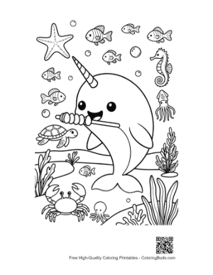 Thumbnail: Smiling Narwhal Eating a Yummy Carrot Snack Printable