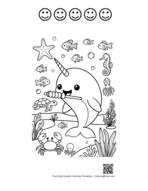 Thumbnail: Smiling Narwhal Eating a Yummy Carrot Snack Printable and 5 Happy Face Outline