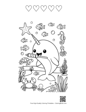 Thumbnail: Smiling Narwhal Eating a Yummy Carrot Snack Printable and 5 Heart Outline
