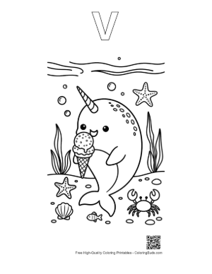 Thumbnail: Sweet Narwhal Eating a Giant Ice Cream Cone Printable Outline Alphabet V
