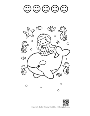 Thumbnail: Beautiful Mermaid Swimming Alongside a Large Orca Printable and 5 Happy Face Outline