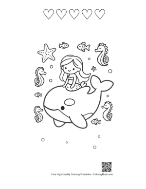 Thumbnail: Beautiful Mermaid Swimming Alongside a Large Orca Printable and 5 Heart Outline