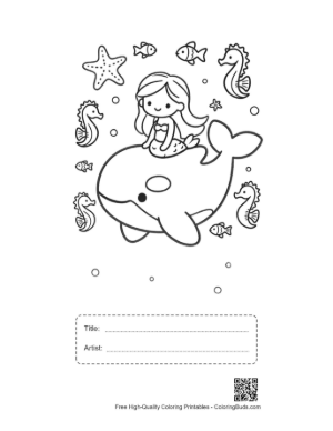 Thumbnail: Beautiful Mermaid Swimming Alongside a Large Orca Printable with Title and Artist Box