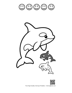 Thumbnail: Cute Orca Family Leaping Playfully Printable and 5 Happy Face Outline