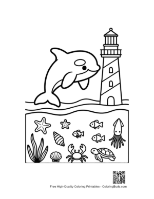 Thumbnail: Happy Orca Jumping Near a Tall Lighthouse Printable