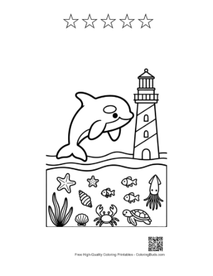 Thumbnail: Happy Orca Jumping Near a Tall Lighthouse Printable and 5 Star Outline
