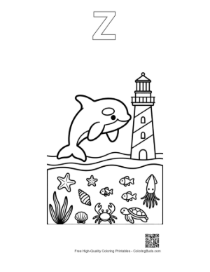 Thumbnail: Happy Orca Jumping Near a Tall Lighthouse Printable Outline Alphabet Z
