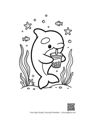 Thumbnail: Happy Orca Sipping on a Boba Milk Tea Printable