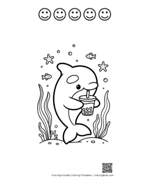 Thumbnail: Happy Orca Sipping on a Boba Milk Tea Printable and 5 Happy Face Outline