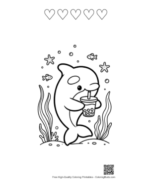 Thumbnail: Happy Orca Sipping on a Boba Milk Tea Printable and 5 Heart Outline