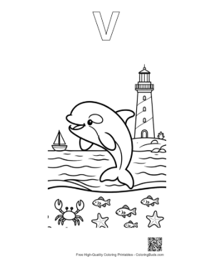 Thumbnail: Orca Leaping Through Waves by a Distant Lighthouse Printable Outline Alphabet V