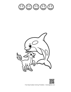 Thumbnail: Orca Whale and Baby Unicorn Embrace Printable and 5 Happy Face Outline