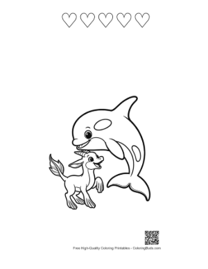 Thumbnail: Orca Whale and Baby Unicorn Embrace Printable and 5 Heart Outline