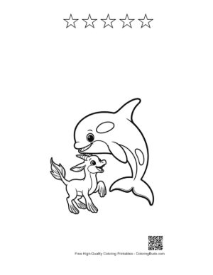 Thumbnail: Orca Whale and Baby Unicorn Embrace Printable and 5 Star Outline