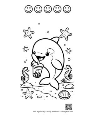 Thumbnail: Orca Whale Drinking a Delicious Boba Tea Printable and 5 Happy Face Outline