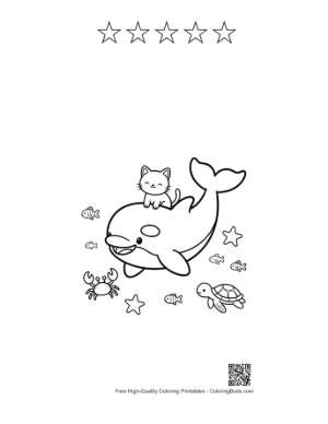 Thumbnail: Playful Orca Whale with a Cat Friend on Top Printable and 5 Star Outline