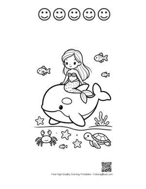 Thumbnail: Pretty Mermaid Sitting on the Back of an Orca Printable and 5 Happy Face Outline