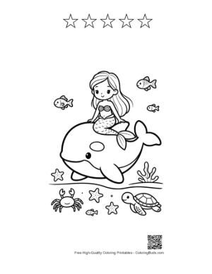 Thumbnail: Pretty Mermaid Sitting on the Back of an Orca Printable and 5 Star Outline