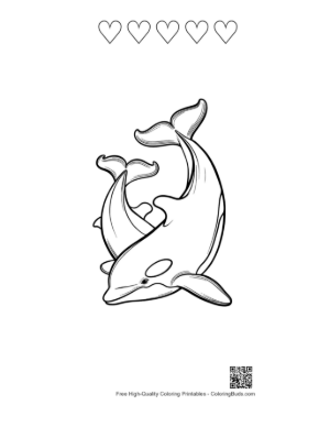 Thumbnail: Two Orcas Entwined in Graceful Dance Printable and 5 Heart Outline