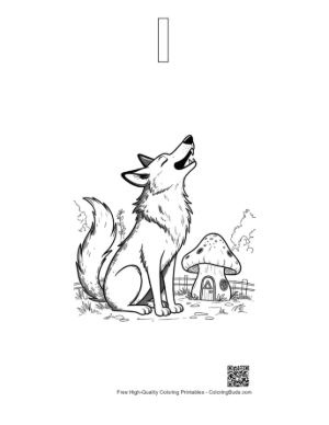 Thumbnail: Adult Wolf Howling in a Magical Forest Landscape Printable Outline Alphabet I