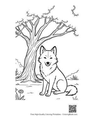 Thumbnail: Alert Gray Wolf Watching from Behind a Forest Tree Printable
