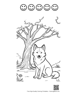 Thumbnail: Alert Gray Wolf Watching from Behind a Forest Tree Printable and 5 Happy Face Outline