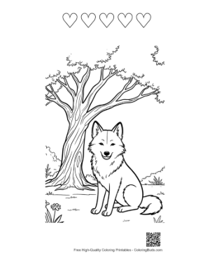 Thumbnail: Alert Gray Wolf Watching from Behind a Forest Tree Printable and 5 Heart Outline